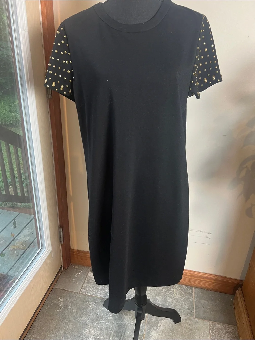 Black Shift Dress with Gold Studded Sleeves